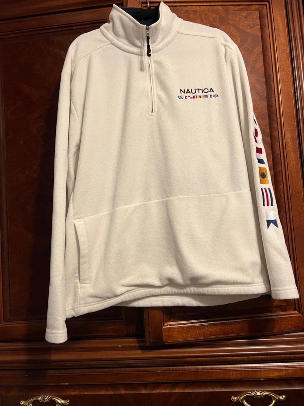 Nautica Men's Cream Half-Zip Fleece Pullover with Nautical Flag Detail